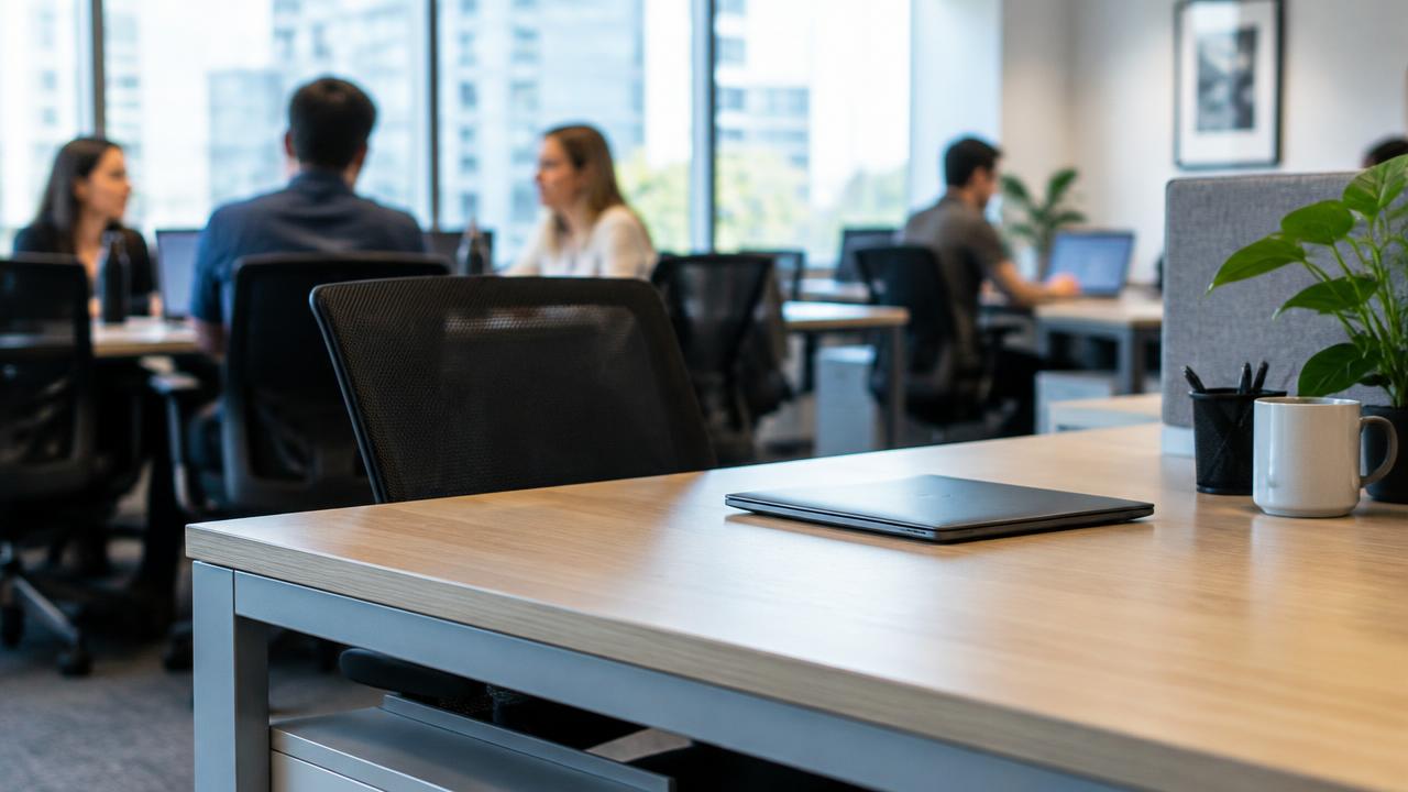 Mesa de trabalho vazia em escritório aberto, com colegas trabalhando ao fundo