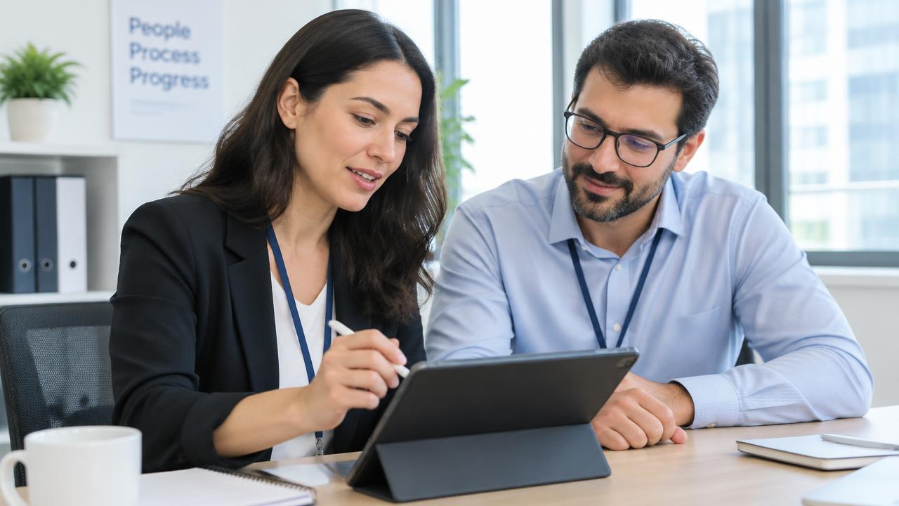 Profissional de RH e gestor corrigindo um registro de ponto em um tablet, sentados à mesa do escritório