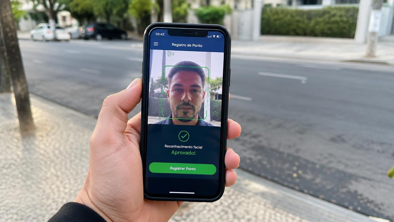 Colaborador registrando o ponto pelo aplicativo no celular em frente à entrada da empresa