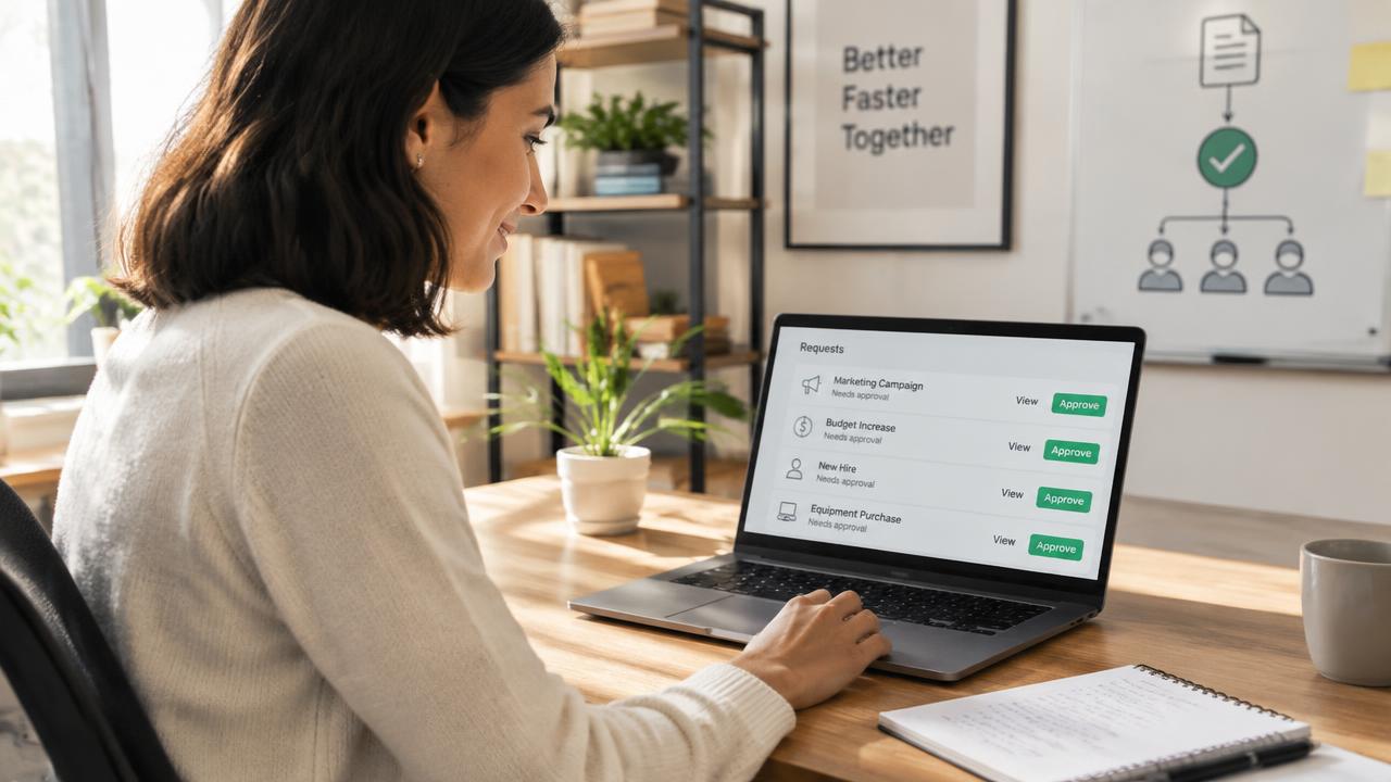 Líder de equipe aprovando solicitações em um notebook, em escritório claro de pequena empresa