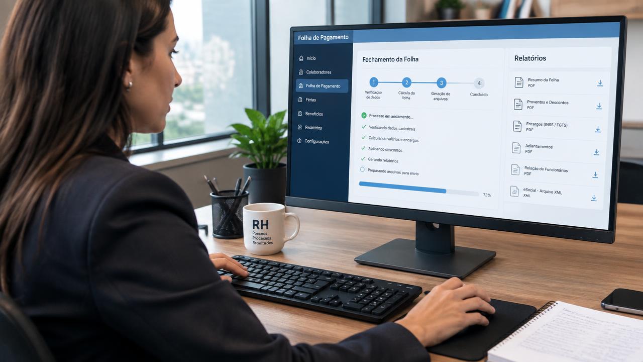 Profissional de recursos humanos acompanhando o fechamento automatizado da folha de pagamento em um monitor