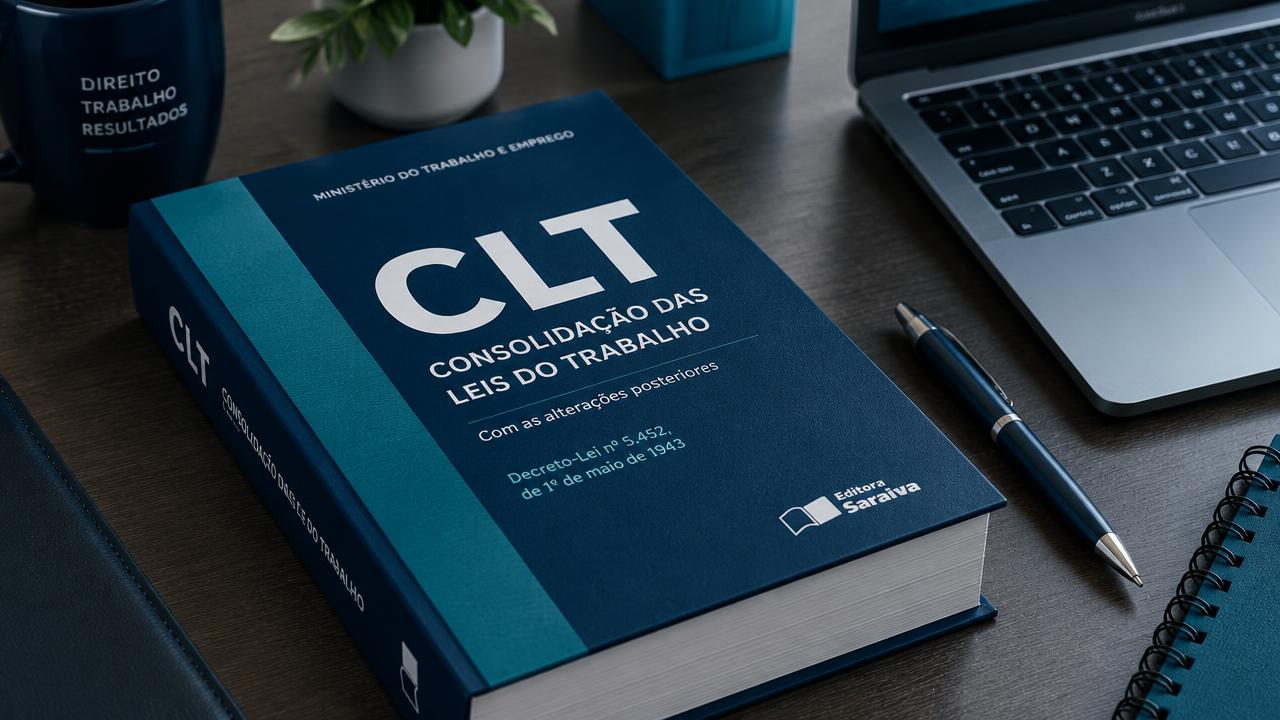 Exemplar impresso da Consolidação das Leis do Trabalho sobre a mesa de um escritório, ao lado de notebook e caneta