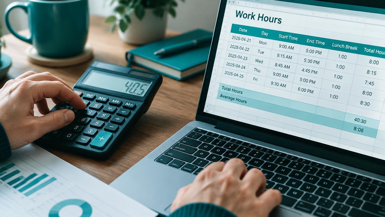 Mãos usando uma calculadora ao lado de uma planilha de horas trabalhadas aberta no notebook