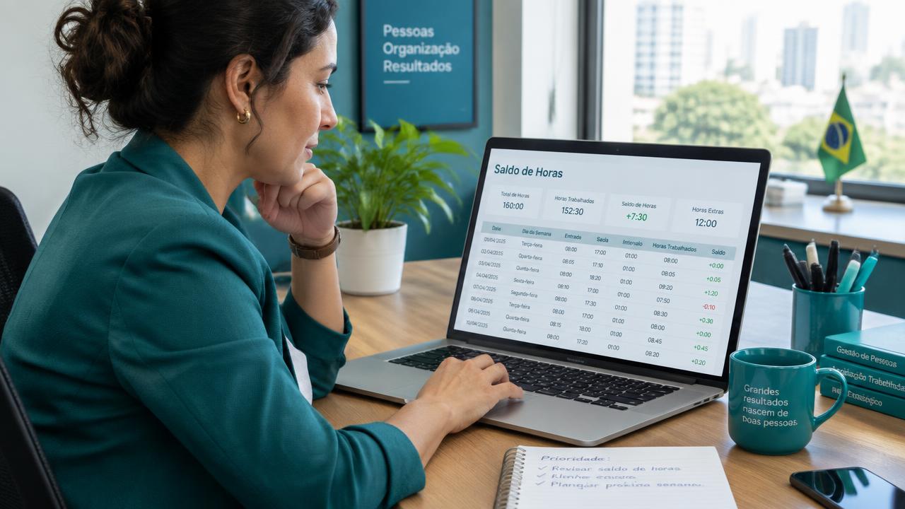 Gestora de recursos humanos analisando um relatório de saldo de horas no notebook, em escritório com luz natural