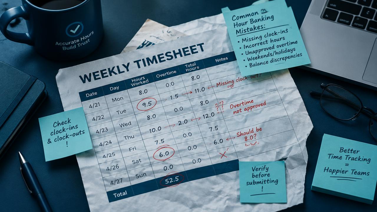 Folha de controle de horas amassada sobre a mesa, com anotações em vermelho e post-its apontando erros de apuração