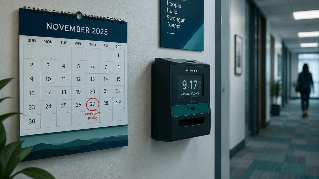 Calendário de parede com um feriado circulado em vermelho, ao lado de um relógio de ponto instalado no corredor do escritório