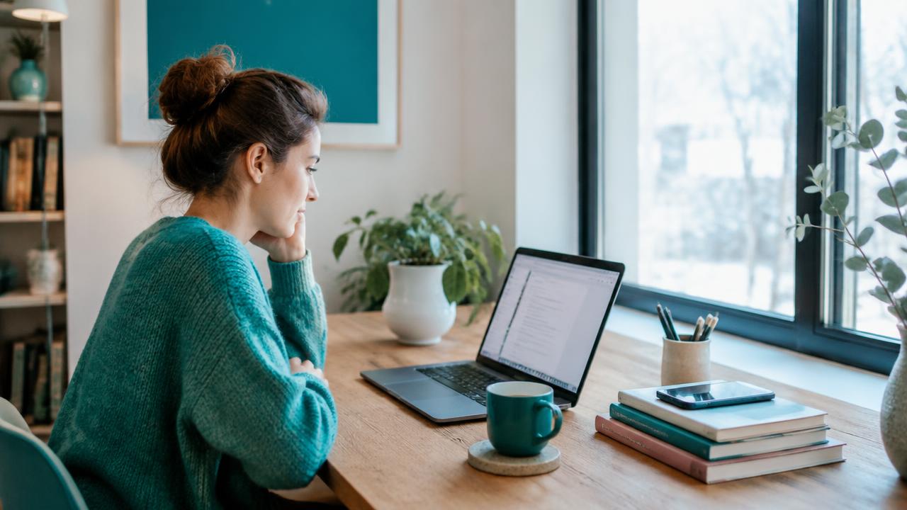 Profissional trabalhando em home office diante do notebook em uma mesa junto à janela, com caneca de café ao lado