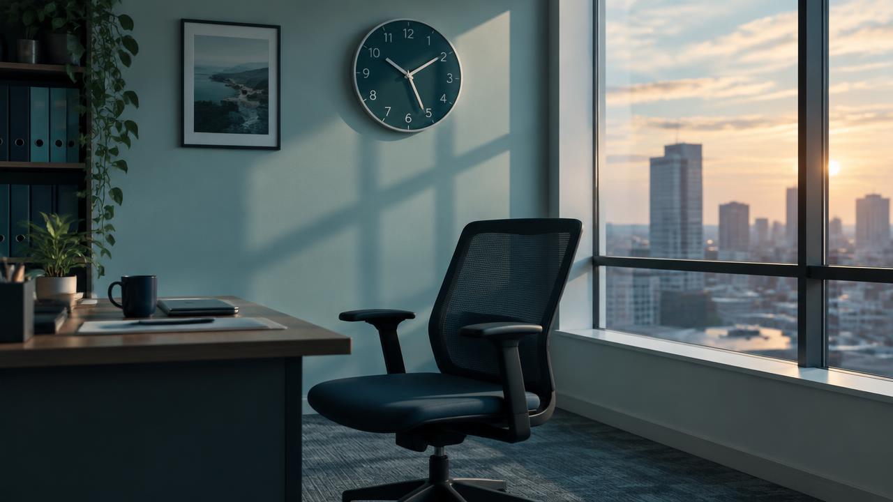Cadeira vazia diante de uma mesa de escritório com relógio de parede marcando o fim da tarde