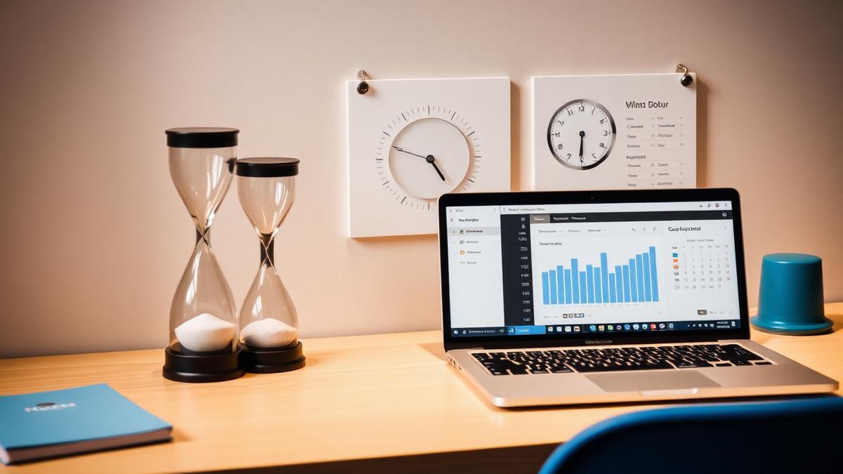 Ampulhetas e calendário ao lado de notebook com painel de saldo de horas — ilustração do conceito de banco de horas.
