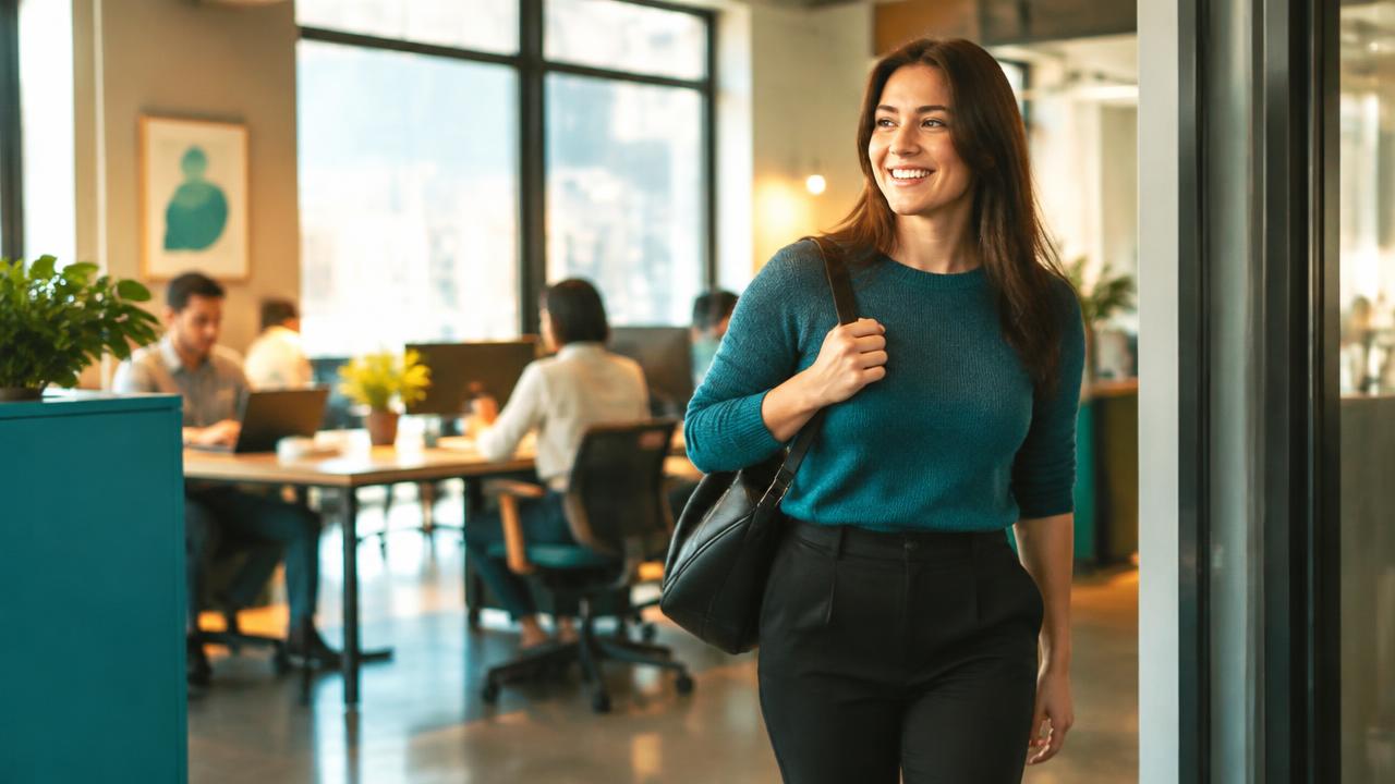 Colaboradora saindo do escritório no fim da tarde com a bolsa no ombro enquanto colegas trabalham ao fundo