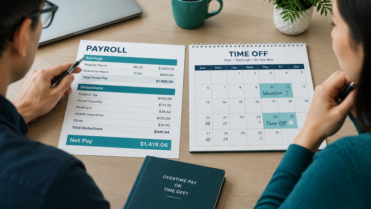 Duas pessoas comparando um demonstrativo de folha de pagamento e um calendário de folgas sobre a mesa do escritório