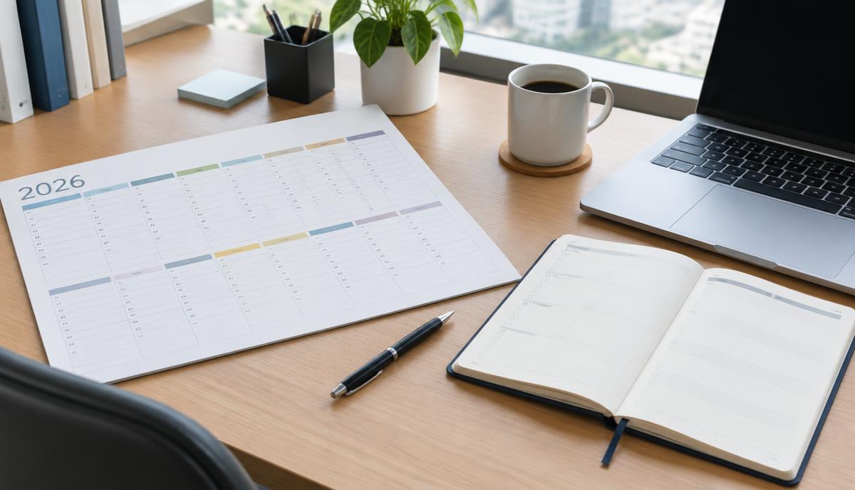 Calendário de parede de 2026 e agenda sobre a mesa, usados para controlar prazos legais trabalhistas de PMEs