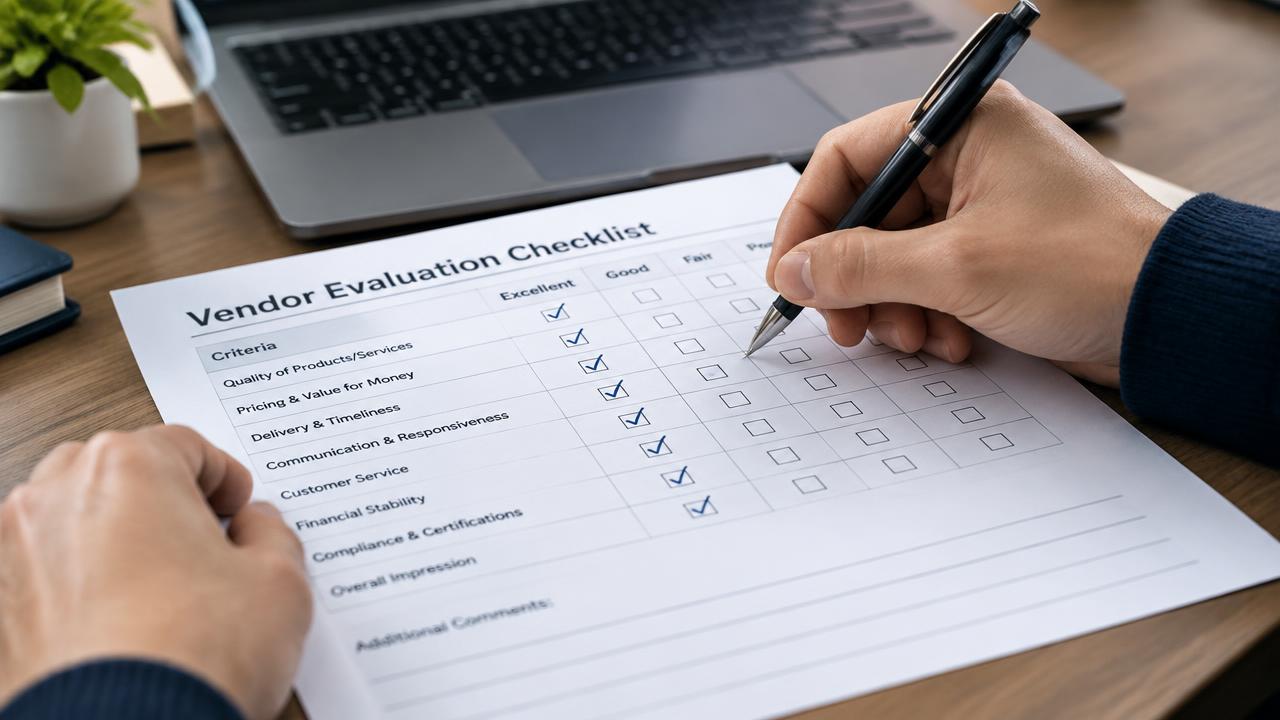 Mão marcando itens de um checklist impresso de avaliação de fornecedores, com notebook ao fundo