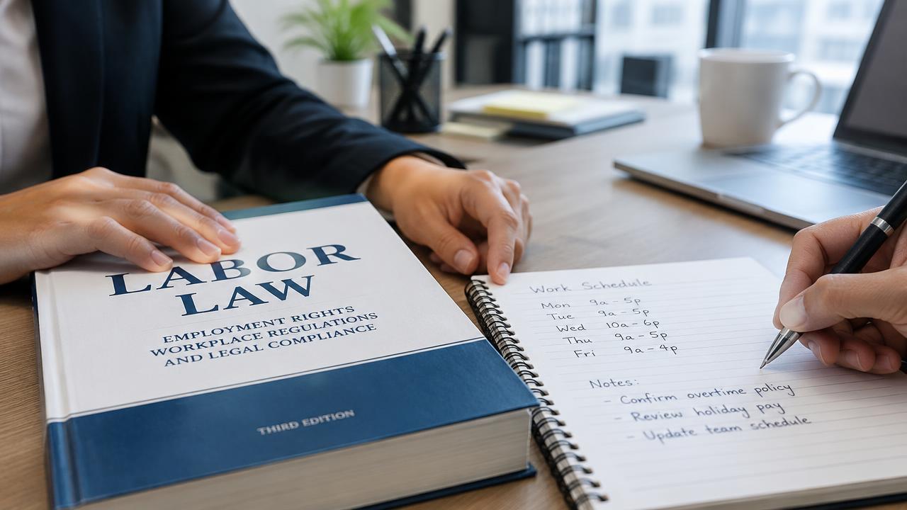 Mesa de escritório com livro de legislação trabalhista aberto ao lado de um caderno com a escala de horários da equipe