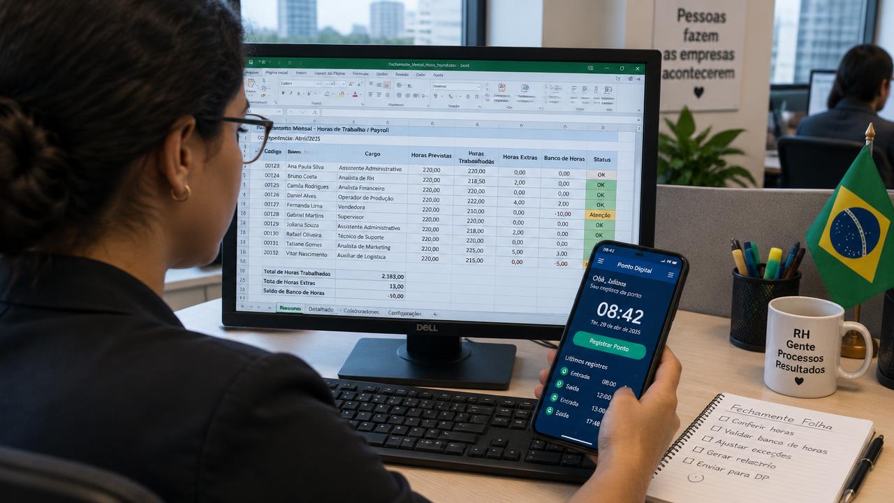 Analista de RH fecha horas do mês no Excel enquanto segura um celular com aplicativo de ponto