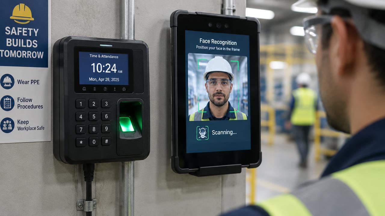 Leitor de digital de relógio de ponto ao lado de tablet com reconhecimento facial em ambiente industrial