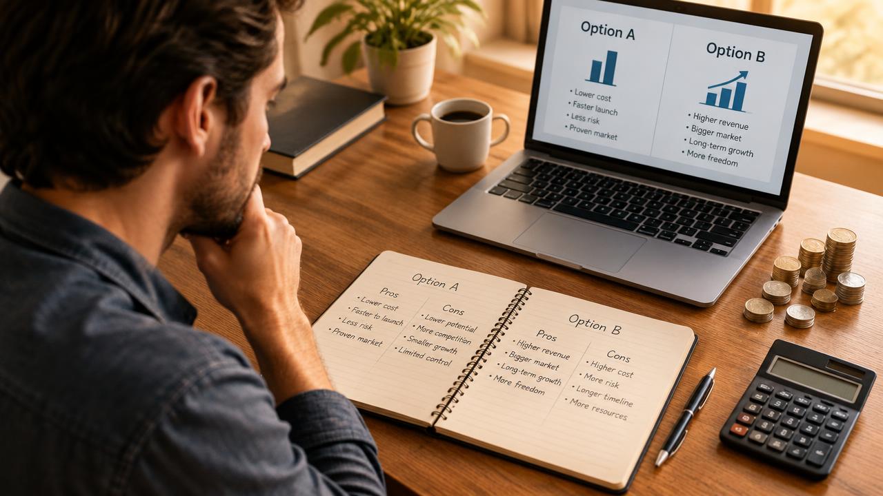 Empreendedor compara duas opções com lista de prós e contras, notebook e calculadora na mesa