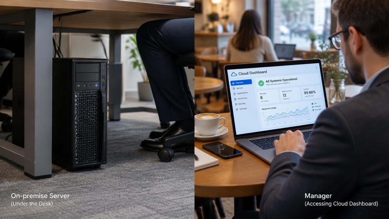 Servidor sob a mesa de um escritório ao lado de gestor acessando painel em nuvem pelo notebook