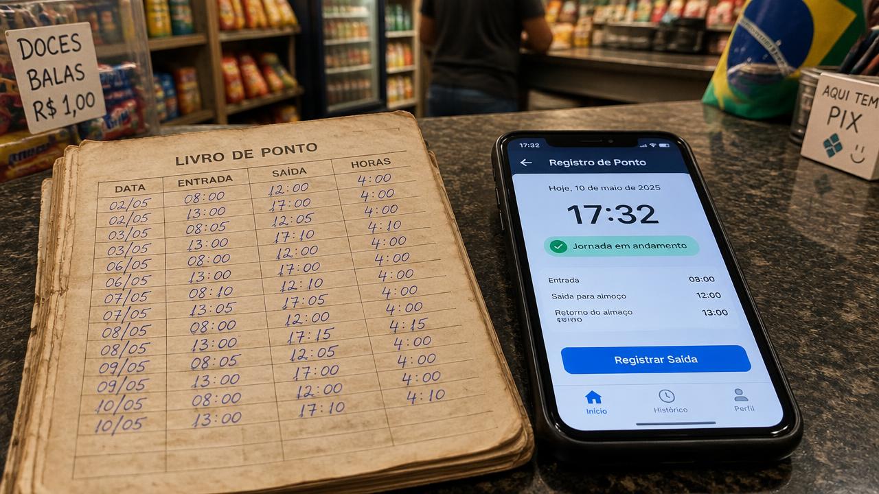 Livro de ponto com horários escritos à mão ao lado de um celular com registro de ponto digital