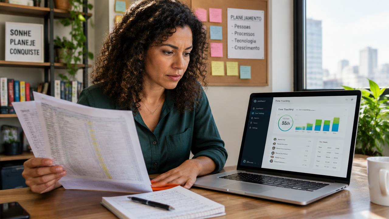 Empresária compara uma planilha impressa de horas com um painel de controle de ponto no notebook