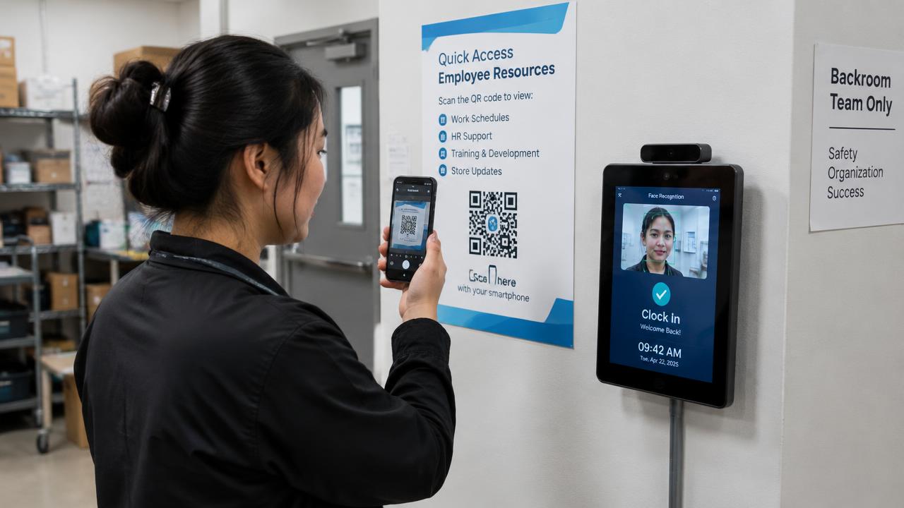 Funcionária escaneia um QR Code na parede ao lado de um tablet com reconhecimento facial