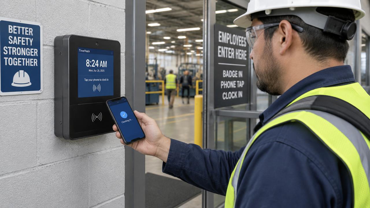 Trabalhador de fábrica aproxima o celular de um relógio de ponto na entrada