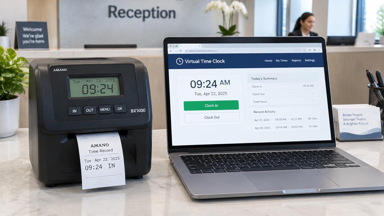 Relógio de ponto que imprime comprovante ao lado de notebook com relógio de ponto virtual na recepção