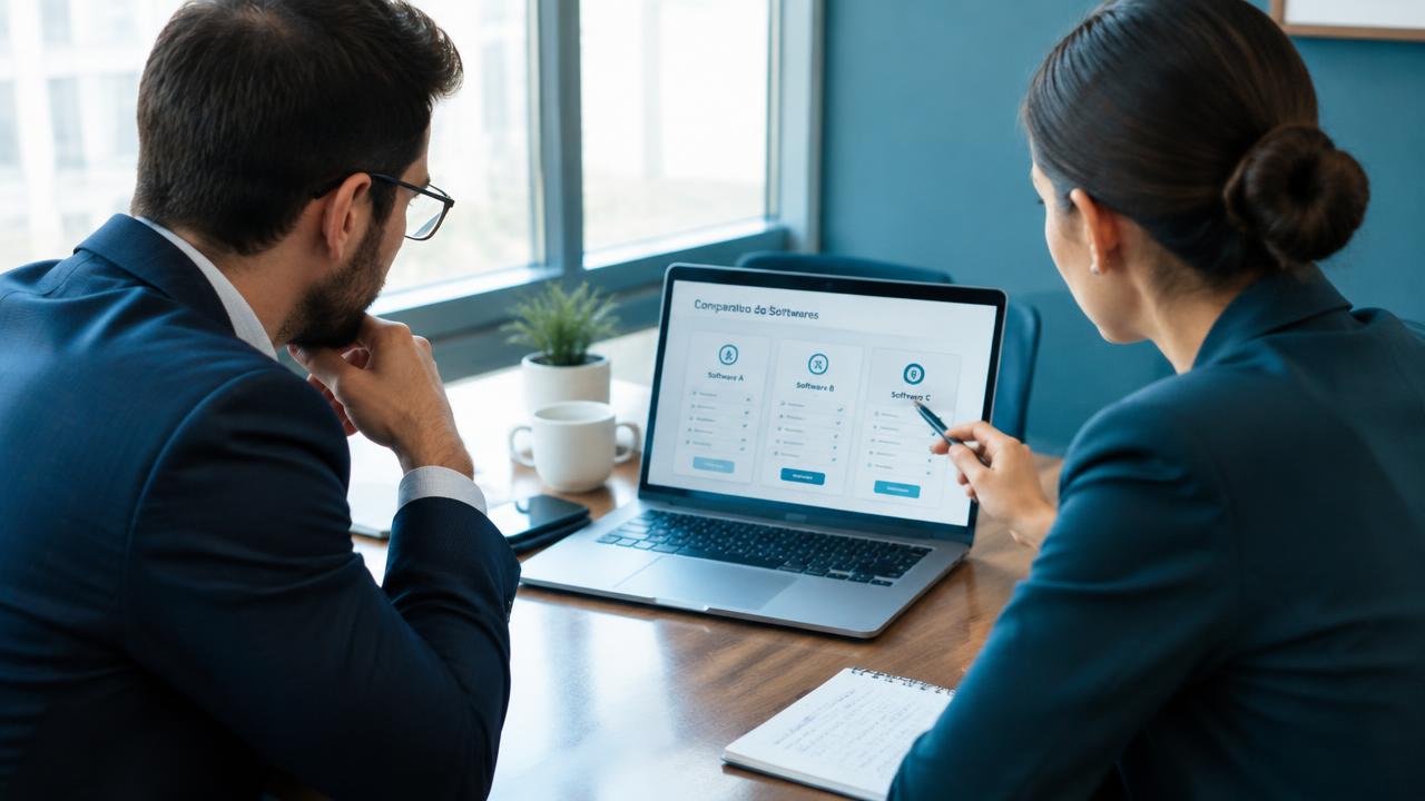 Dois gestores comparando opções de software de ponto na tela de um notebook durante reunião