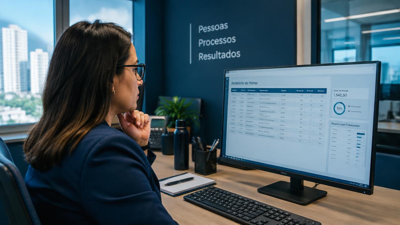 Gestora analisando gráficos de horas trabalhadas da equipe em painel digital no escritório