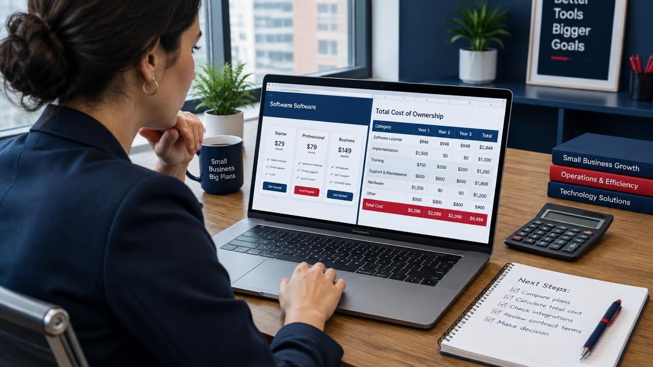 Empresária comparando planos de software e uma planilha de custo total em um notebook, com calculadora na mesa