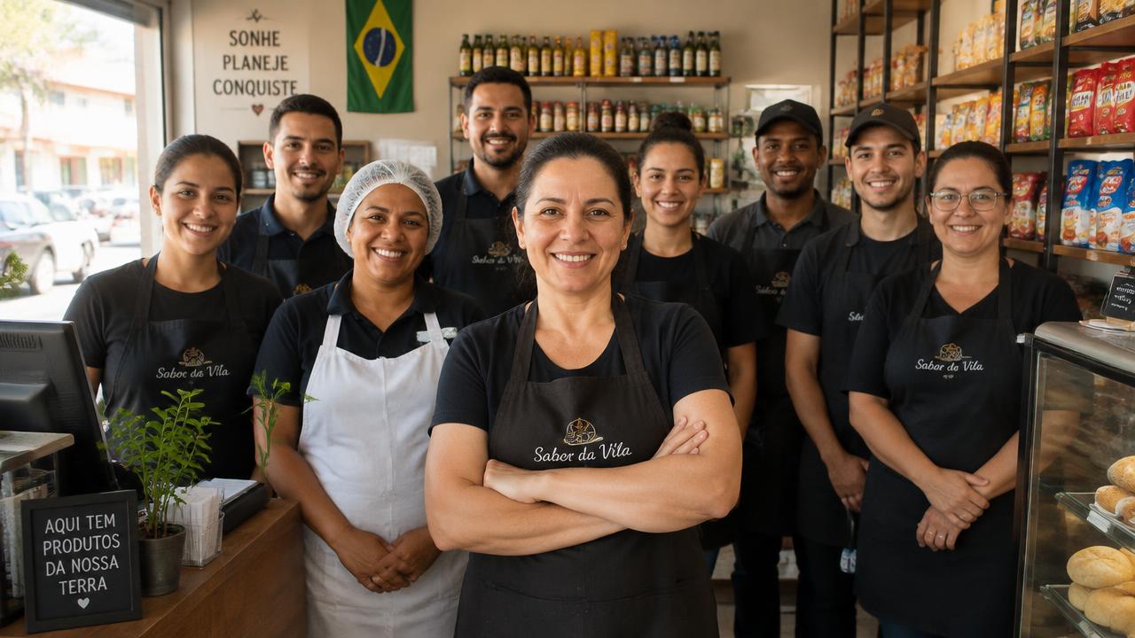Dona de um pequeno comércio brasileiro ao lado da equipe de oito colaboradores uniformizados dentro da loja