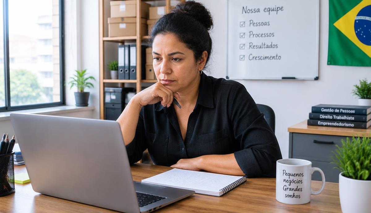 Empresária em escritório de pequena empresa analisando a lista de colaboradores no notebook para decidir sobre o controle de ponto