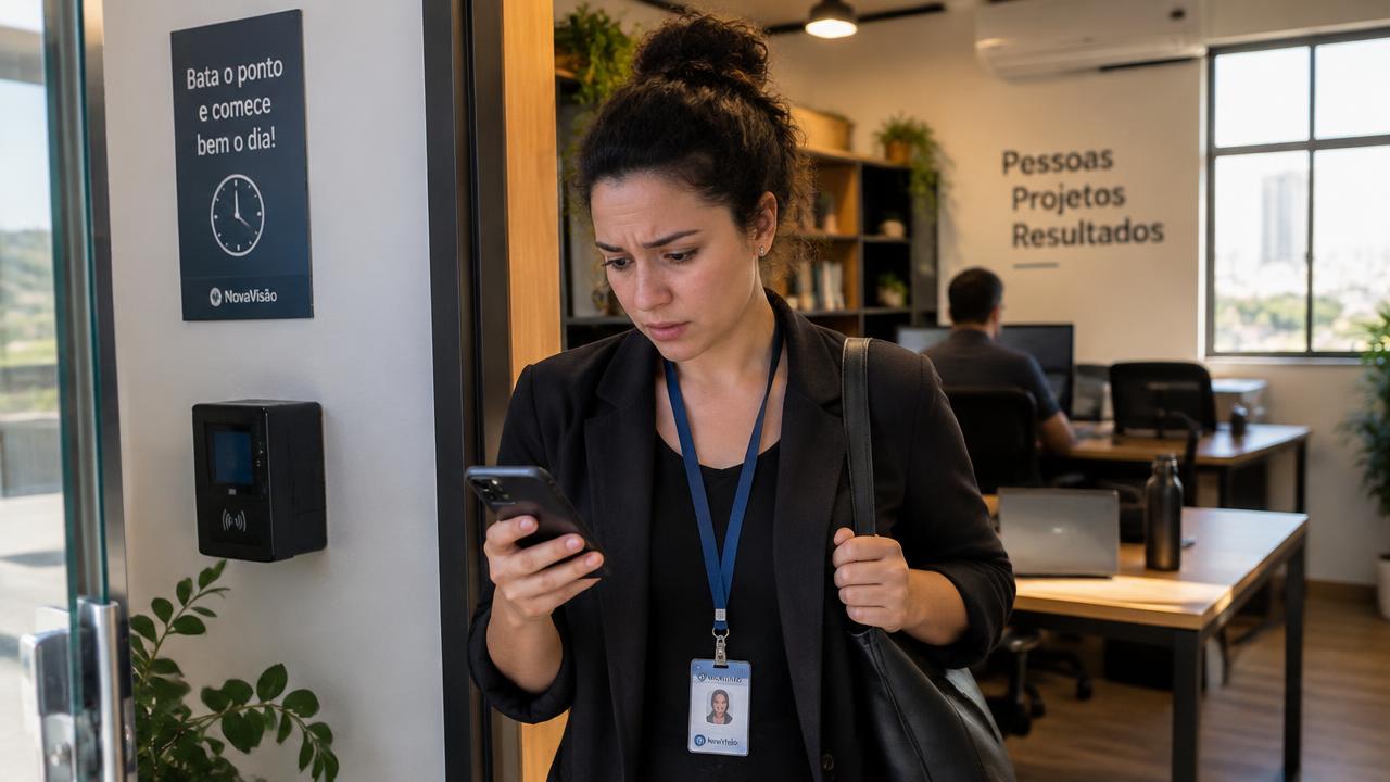 Colaboradora chegando ao escritório e olhando o celular ao perceber que esqueceu de registrar o ponto