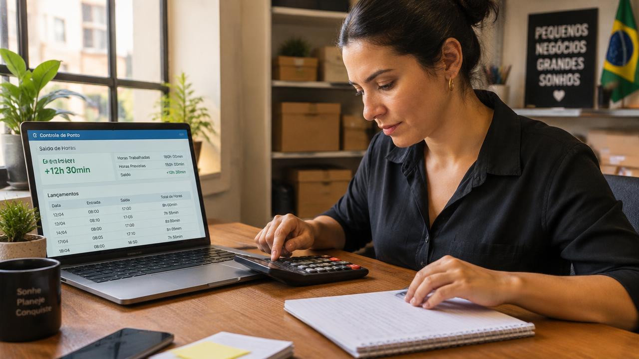 Gestora calculando o saldo do banco de horas com calculadora e notebook