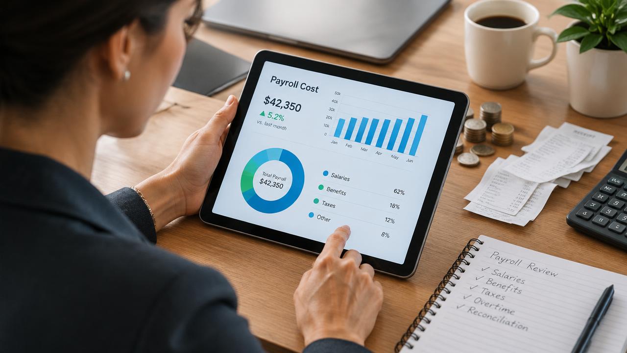 Empresária analisando gráfico de custo da folha em tablet