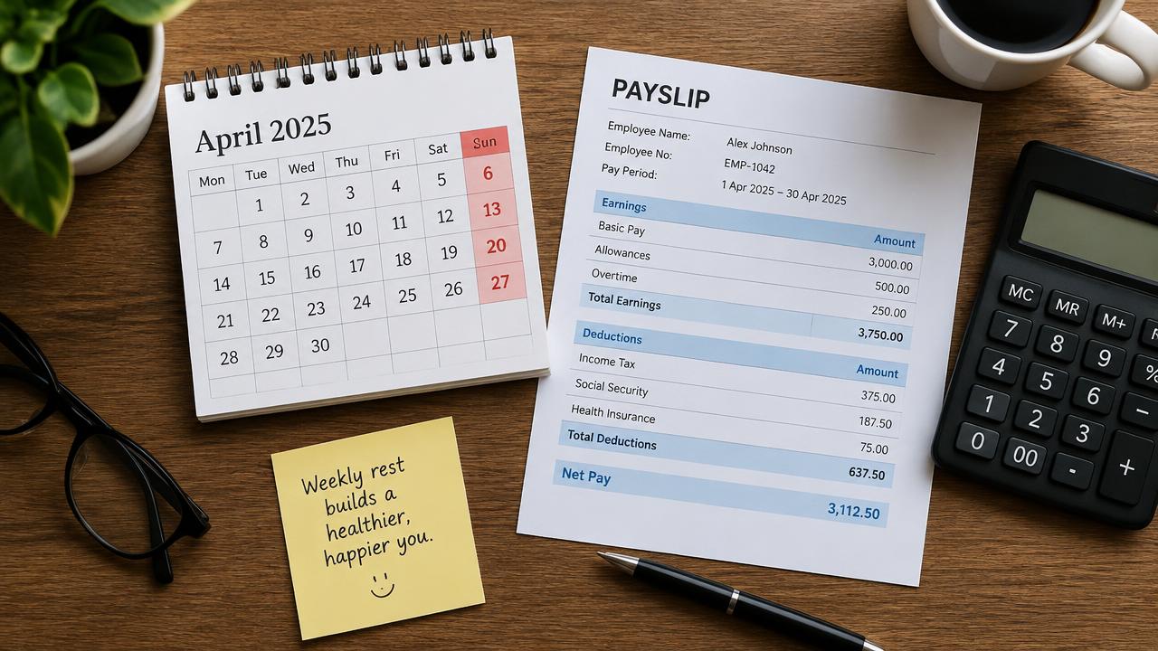 Calendário com domingos destacados ao lado de holerite e calculadora