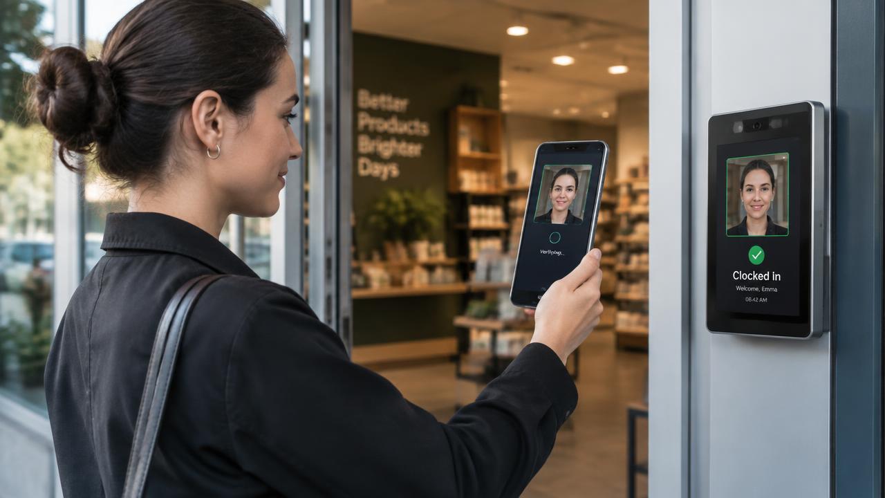 Colaboradora registrando o ponto por reconhecimento facial no celular na entrada da loja