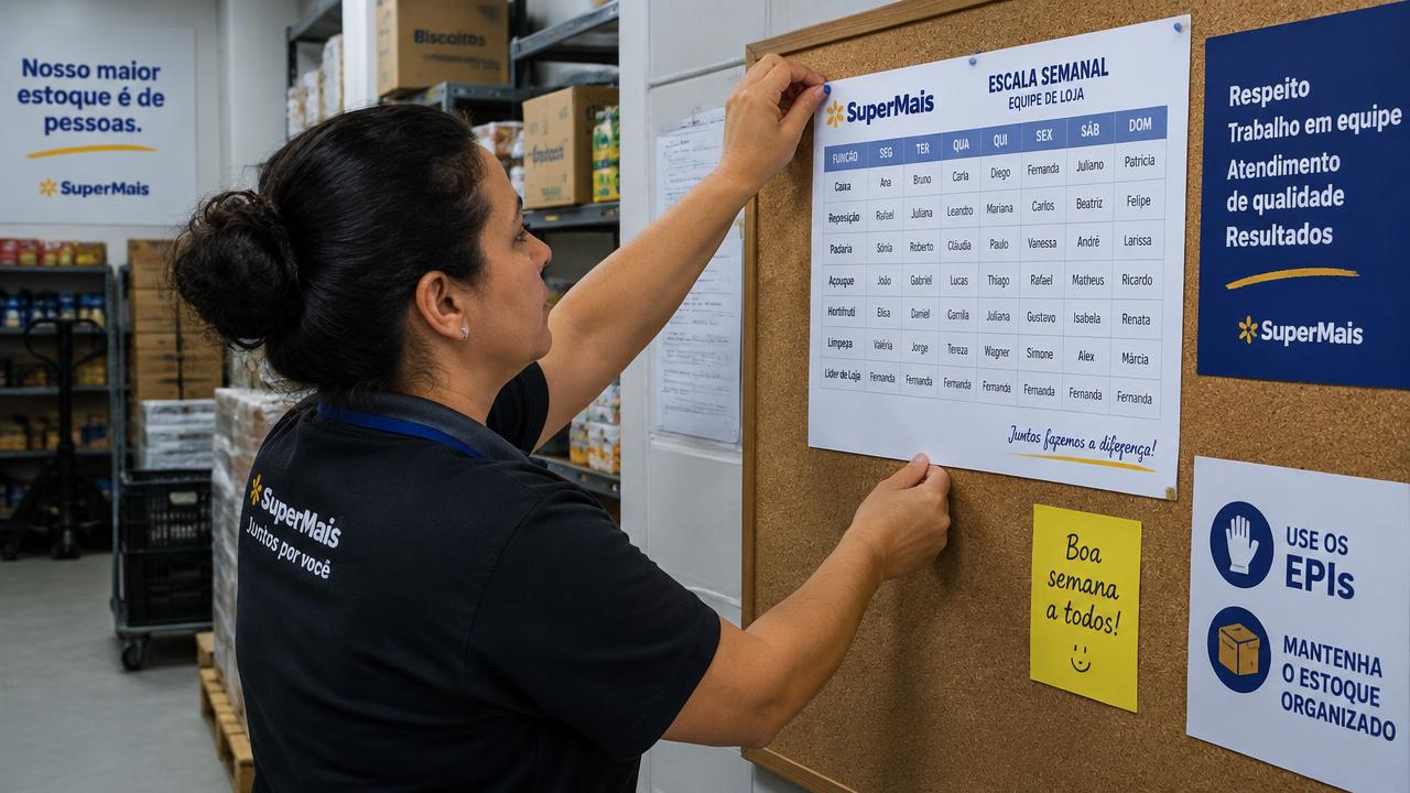 Gerente de supermercado fixando a escala semanal da equipe no mural