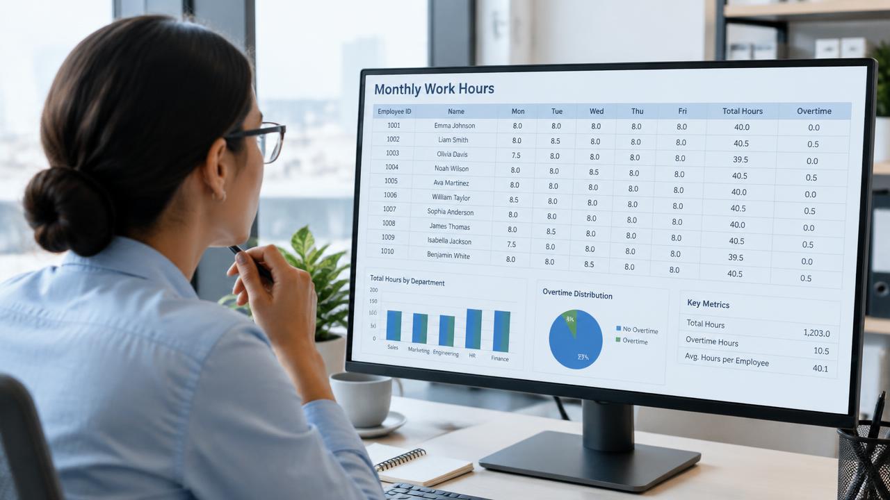 Analista de RH revisando planilha de horas mensais em monitor