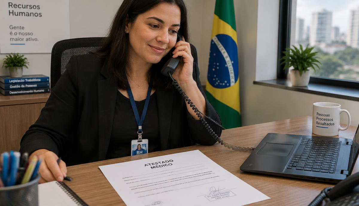 Profissional de RH conversa ao telefone com atenção, com um atestado médico sobre a mesa