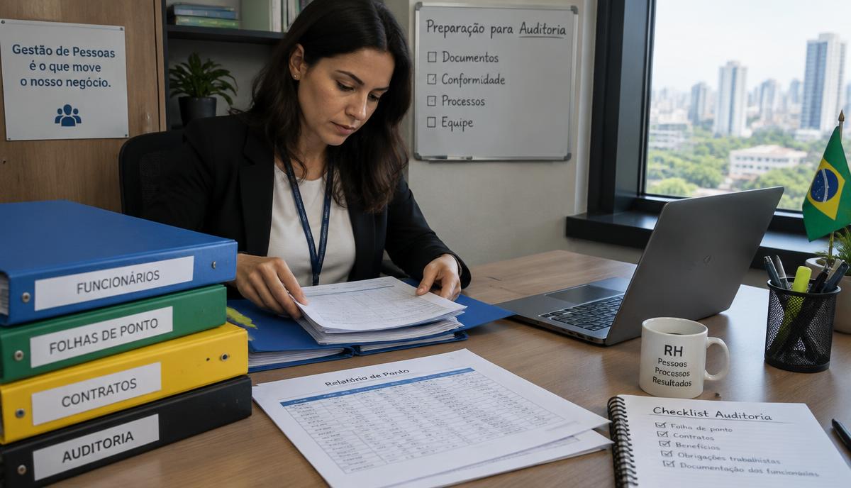 Profissional de RH organiza pastas de folhas de ponto, contratos e relatórios para uma auditoria