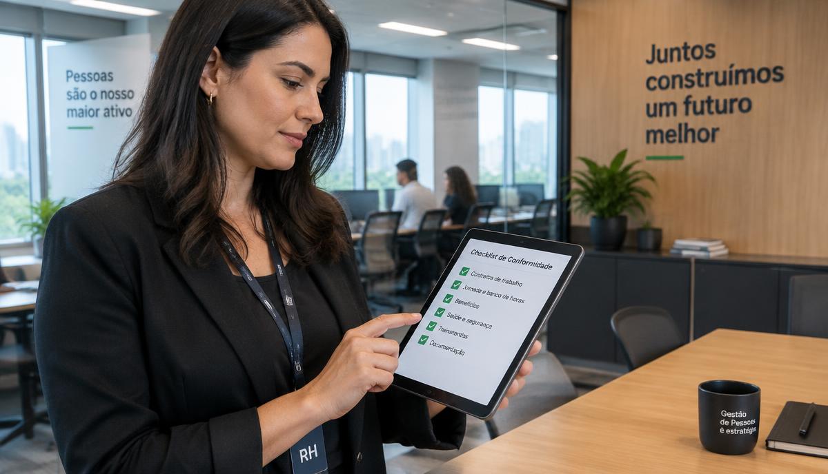Profissional de RH confere um checklist de conformidade em um tablet no escritório