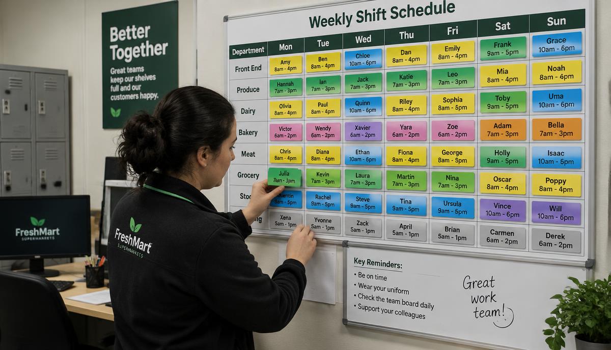 Supervisora organiza a escala semanal de turnos em um quadro colorido nos bastidores de um supermercado