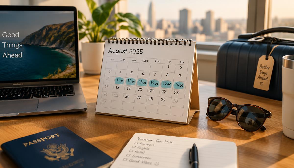Calendário de mesa com dias de férias marcados ao lado de notebook, óculos de sol e mala