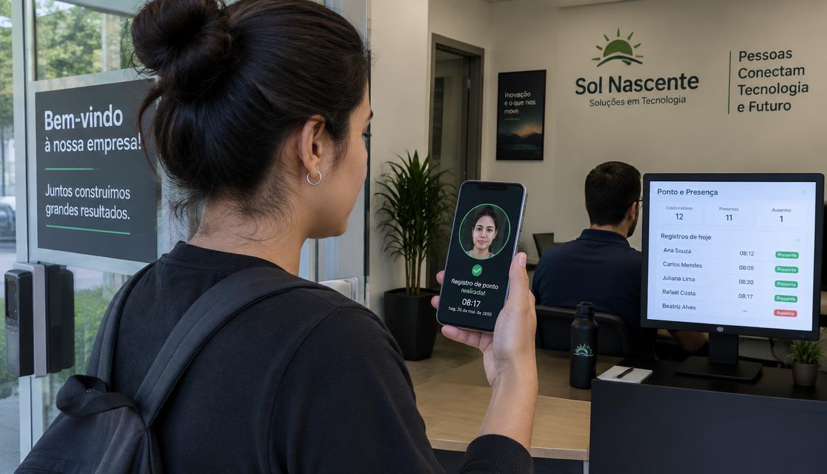 Colaboradora registra o ponto pelo celular com reconhecimento facial na entrada da empresa enquanto gestor acompanha painel