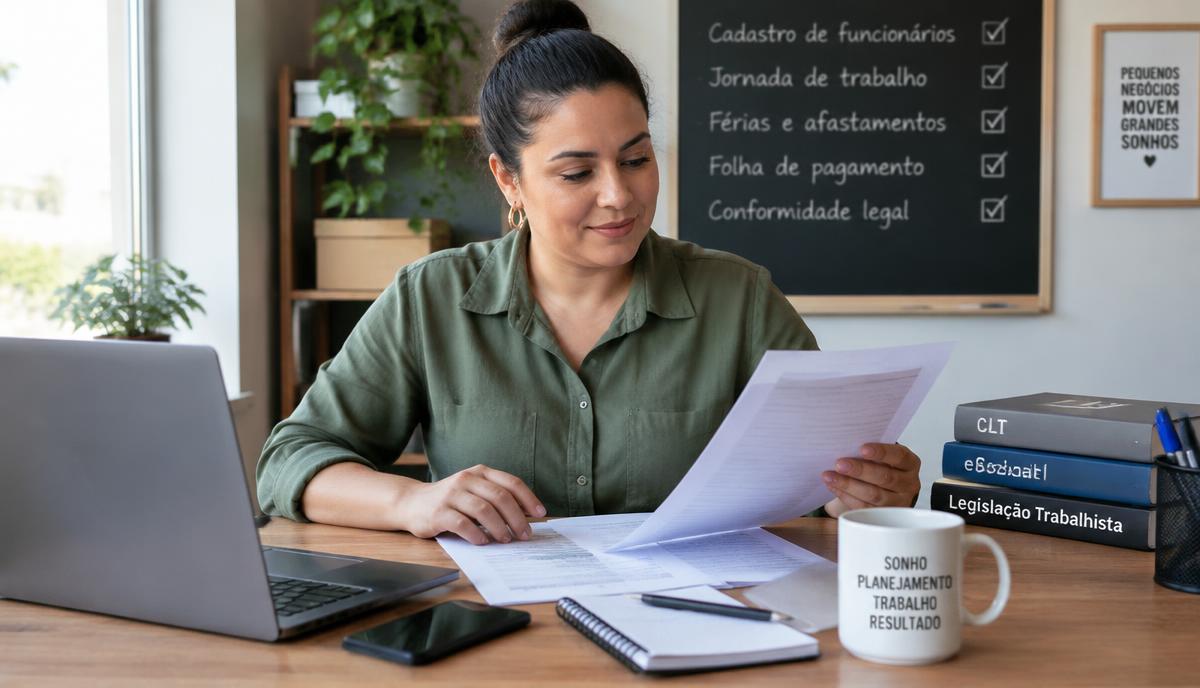 Empresária revisa documentos de jornada e folha em sua mesa, com livros de legislação trabalhista ao lado