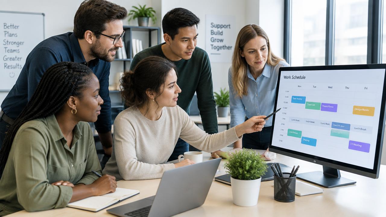 Equipe de pequena empresa reunida diante de um monitor com a escala de trabalho da semana