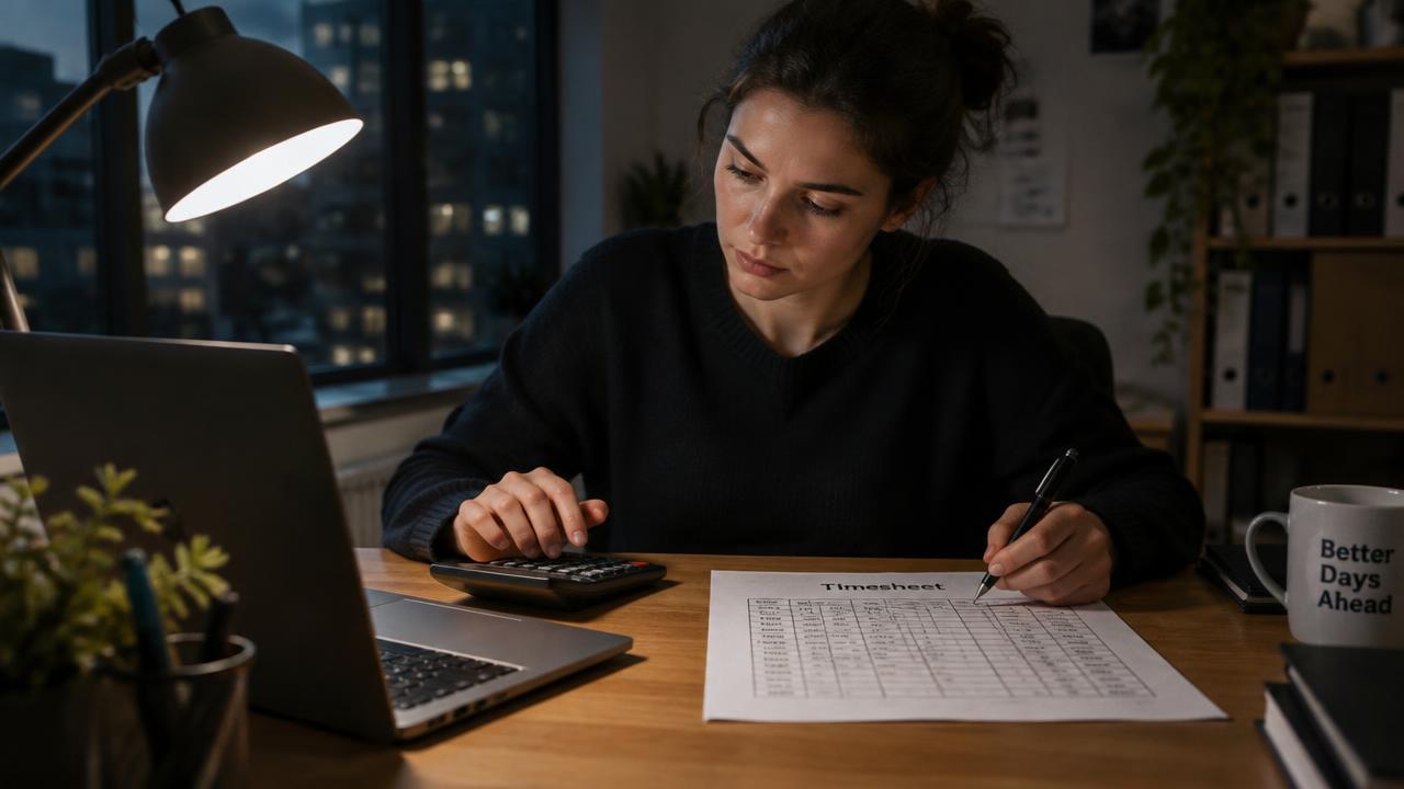 Profissional revisando uma folha de controle de horas com calculadora e notebook sobre a mesa no fim do dia