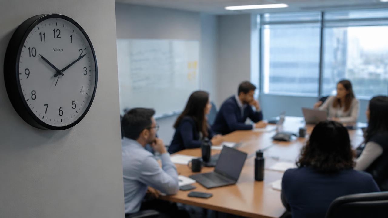 Relógio de parede em primeiro plano e equipe reunida ao fundo em uma sala de reunião