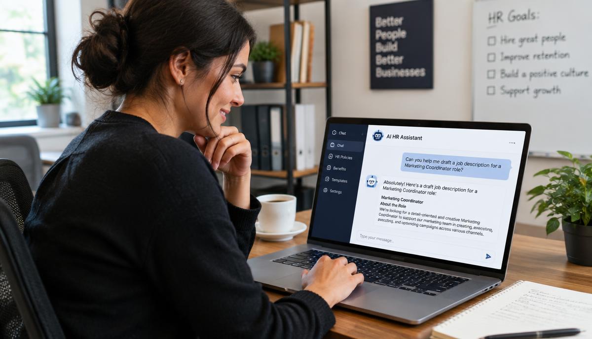 Analista de RH usa um assistente de inteligência artificial no notebook em um pequeno escritório